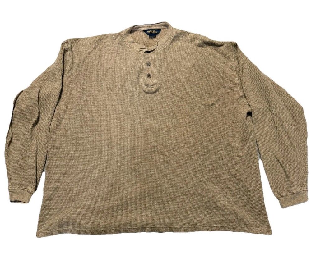 Woolrich Mens L Tan Waffle Knit Henley Shirt Long Sleeve Cotton Thermal Khaki